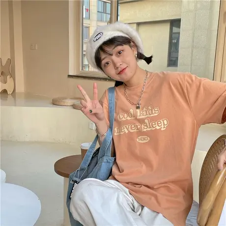 红续2023夏季新款美式复古ins宽松oversize纯棉短袖T恤女半袖上衣商品大图