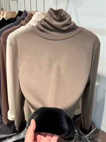 加绒加厚高领T恤纯色堆堆领小衫女2022年冬季新款螺纹简约打底衫商品大图