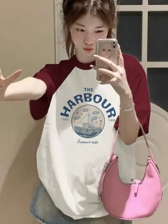 酒红色仿棉短袖t恤女夏2023新款美式复古插肩袖设计感小众上衣服商品大图