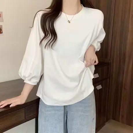 复古港味chic七分袖T恤女早秋季韩版宽松显瘦洋气韩版灯笼袖上衣商品大图