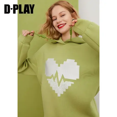 DPLAY春新休闲甜美果绿色领宽松落肩连帽爱心短款卫衣女商品大图