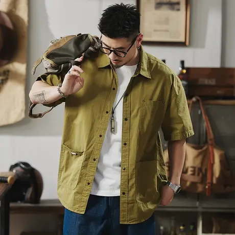 Modi Nick/摩帝尼克男士衬衫复古潮流休闲宽松外套半袖衬衣工装男图片