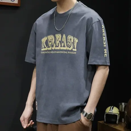 重磅短袖t恤男士宽松大码男装潮牌夏季2023新款潮流纯棉印花体恤商品大图