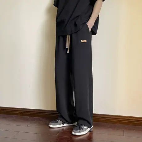 垂感冰丝裤子男款夏季薄款阔腿宽松运动男生黑色百搭直筒休闲长裤商品大图