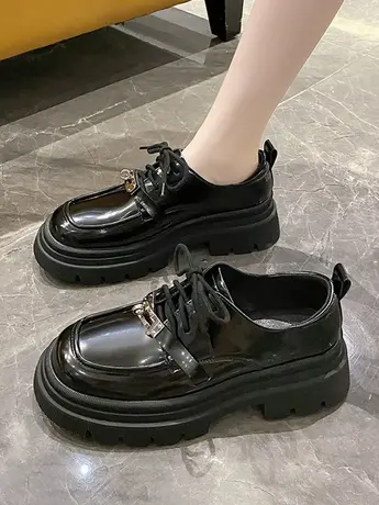 英伦风小皮鞋女厚底2023春秋新款百搭休闲系带漆皮单鞋皮面乐福鞋商品大图