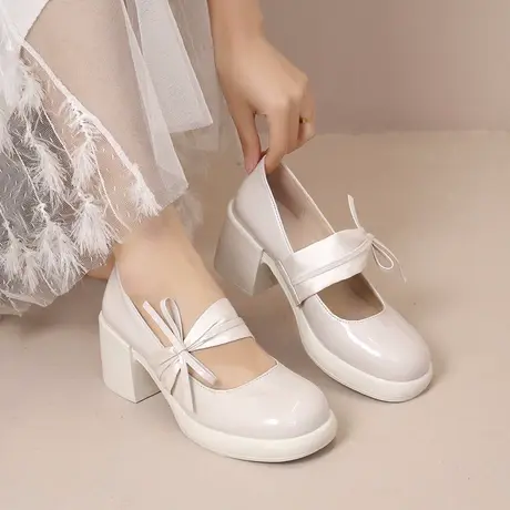 永希白色高跟鞋女2023夏法式复古玛丽珍蝴蝶结厚底温柔风浅口单鞋商品大图