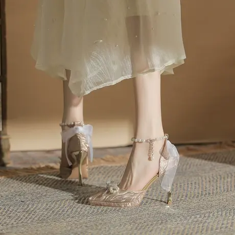 高跟鞋女细跟2023年新款秋季尖头蝴蝶结珍珠一字带宴会配裙子单鞋图片