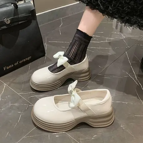 英伦学院复古厚底松糕蝴蝶结小皮鞋女乐福鞋2023秋季圆头浅口单鞋图片