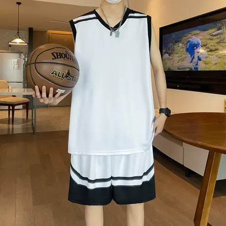冰丝休闲运动套装男篮球服宽松薄款速干大码背心五分裤两件套夏季图片