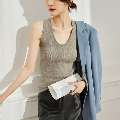 U领吊带背心女2022春夏新款针织螺纹打底内搭无袖上衣外穿修身T恤商品大图