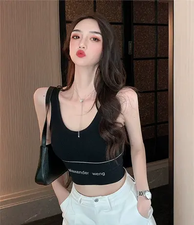 超火黑色运动美背吊带背心女内搭带胸垫打底衫外穿短款辣妹上衣潮商品大图