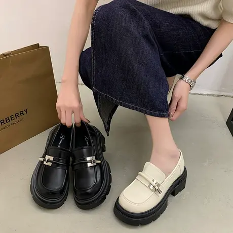 厚底百搭乐福鞋女2024春秋季新款一脚蹬粗跟单鞋复古英伦风小皮鞋商品大图