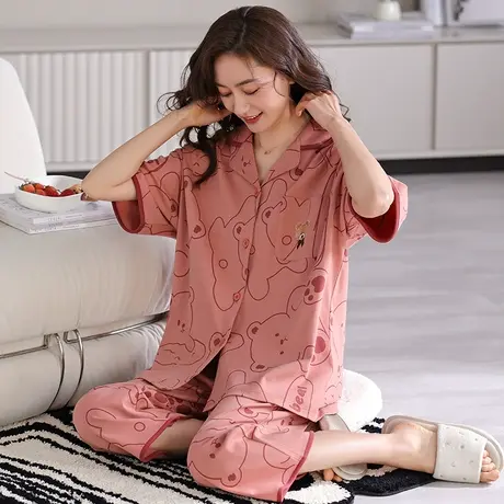 婷美睡衣女夏季翻领开衫纯棉短袖七分裤可出门卡通可爱家居服套装商品大图