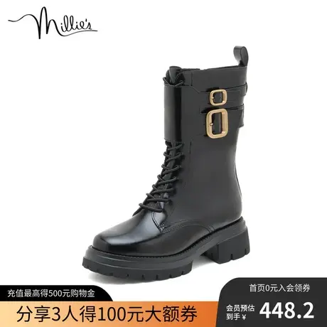 millie's妙丽冬新款牛皮潮酷休闲高筒扣带马丁骑士女靴SAJ36DS1商品大图