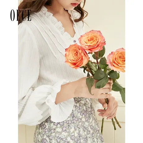 Oece温柔法式设计感衬衣春秋新款花边长袖衬衫气质上衣图片
