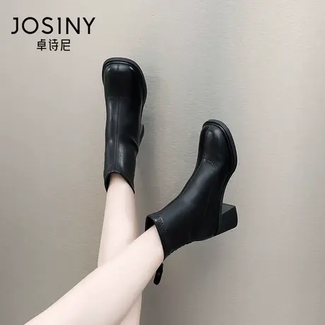卓诗尼2023秋冬新款后拉链时装靴百搭粗跟高跟女靴时尚显瘦短筒靴商品大图
