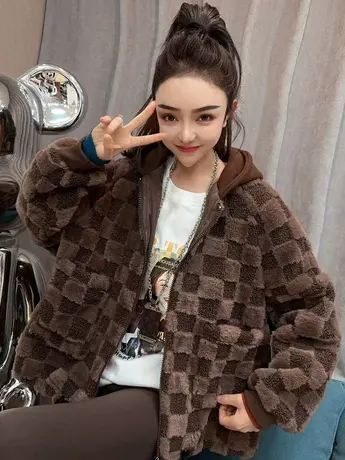 欧货2023年秋冬长袖设计感立体格子假两件连帽宽松毛毛开衫外套女商品大图