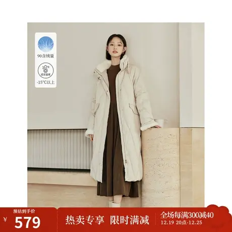 茵曼三防90羽绒服2023冬季女装新款毛领翻领长袖系带收腰显瘦外套图片