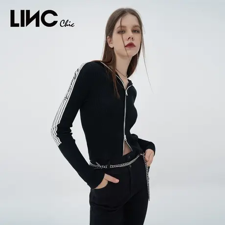 LINC金羽杰针织开衫女2023秋季新款潮酷动感提花短款连帽女士毛衣商品大图