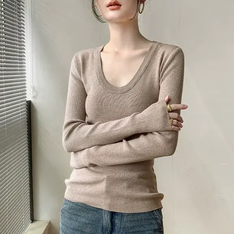 歌倍尚U领长袖针织衫女装2023早秋新品简约修身显瘦纯色内搭上衣商品大图