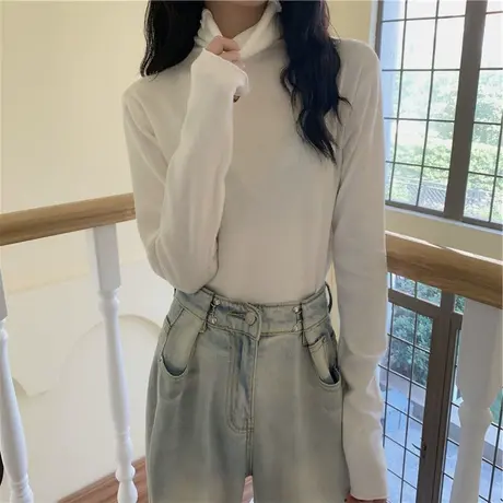 2023新款春秋冬季新款内搭半高领打底衫白色洋气长袖t恤女上衣服商品大图
