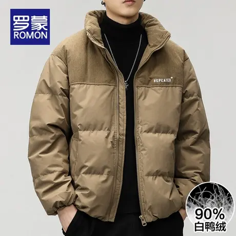 罗蒙灯芯绒拼接羽绒服男短款2025冬季新款鸭绒立领面包服休闲外套商品大图