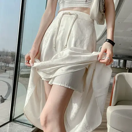 新中式杏色半身裙女夏季薄款a字国风盘扣醋酸提花绣花休闲中长裙图片