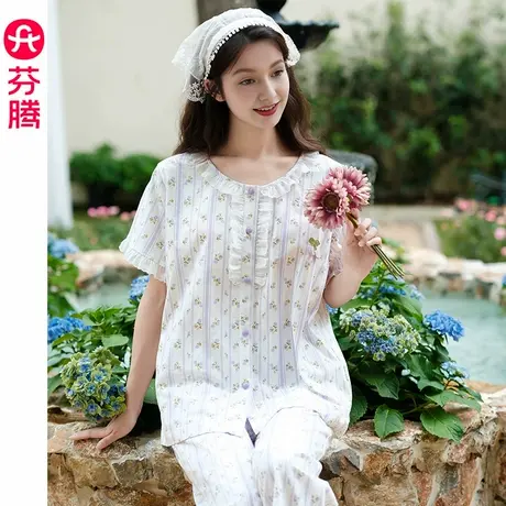 芬腾睡衣女夏季纯棉短袖长裤套装宽松休闲大码薄款家居服可外穿商品大图