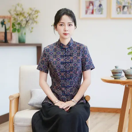 筠雅夏季新款简约清新旗袍式上衣唐装女改良版修身复古素衣24J181商品大图