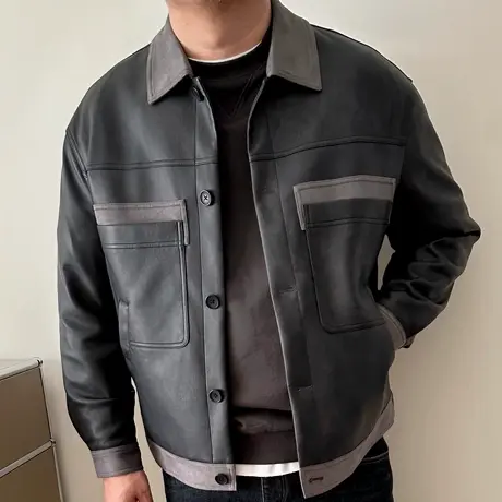 DAEVU大码男装春秋款拼色雅痞风加肥加大男士短款pu皮衣夹克外套图片