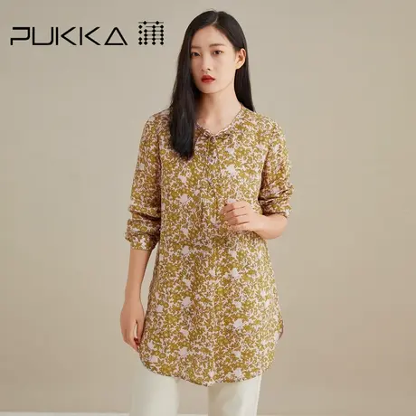 蒲PUKKA 苎麻碎花衬衫女秋装新款宽松休闲设计感中长款衬衣图片