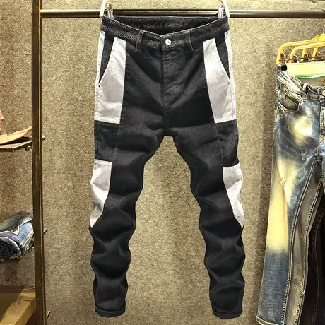 秋冬款黑色灯芯绒裤子男拼接潮牌修身小脚裤潮流百搭条绒休闲长裤商品大图