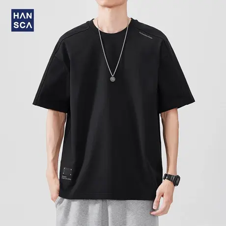 hansca 260g重磅纯棉休闲短袖T恤男2025夏季新款透气字母刺绣上衣商品大图