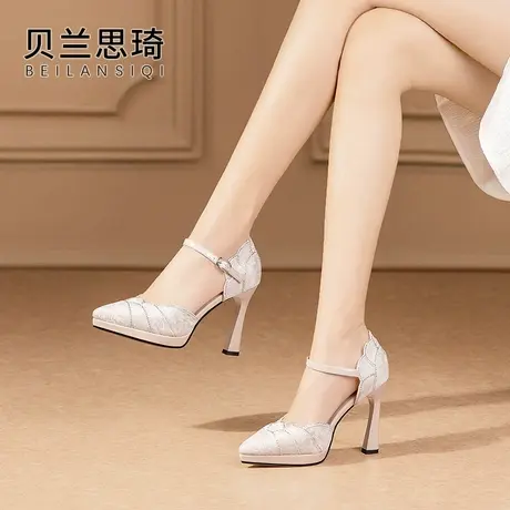 国风配旗袍蕾丝一字带尖头粗跟凉鞋女2025夏季防水台包头高跟鞋图片