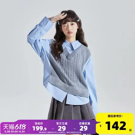 唐狮2025春秋新款长袖衬衫女假两件毛衣马甲拼接学院风叠穿衬衣女图片