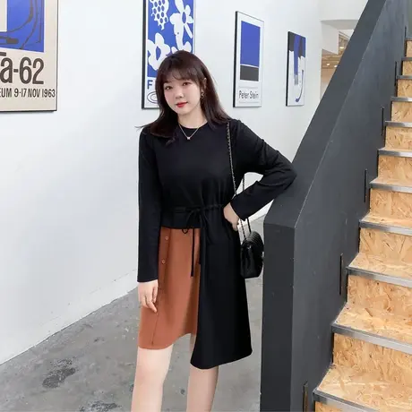 2023秋季新款不规则拼接撞色绑带收腰遮肚显瘦胖MM大码针织连衣裙商品大图