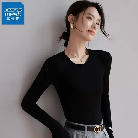 KMV真维斯黑色莫代尔打底衫女春秋季新款内搭洋气薄款上衣长袖t恤商品大图