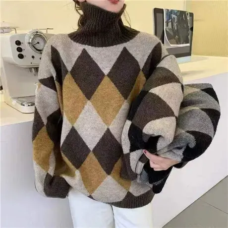 2023秋冬新款格子套头慵懒风高领毛衣女士宽松针织打底衫外套上衣商品大图