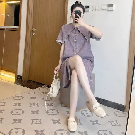 2025夏季新款宽松短袖牛仔裙子复古衬衫连衣裙女大码胖mm中长款图片
