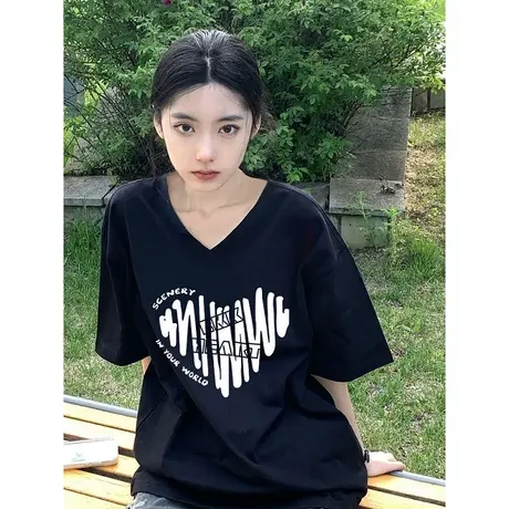 v领上衣女胖mm遮肚上衣藏肉oversize大码宽松纯棉ins潮短袖t恤夏商品大图