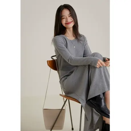 弥古灰色连衣裙女高级感秋季法式长袖气质针织长裙修身内搭打底裙图片