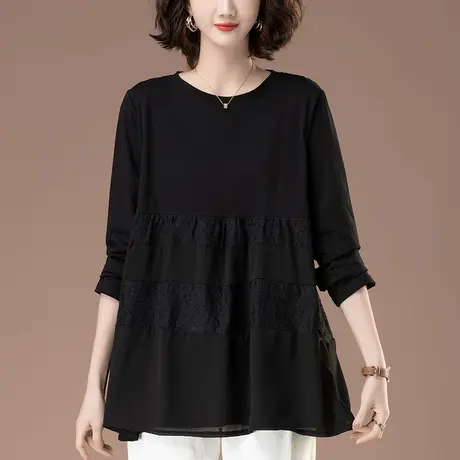 加肥加大码长袖T恤女春秋季新款中年妈妈休闲遮肚显瘦蕾丝打底衫商品大图