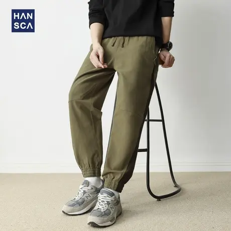 hansca秋季新款卡其色休闲裤男宽松束脚抽绳拼接美式复古工装长裤商品大图