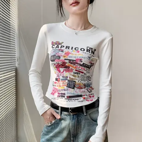 圆领涂鸦多巴胺穿搭长袖T恤女2025秋季新款爆款修身漂亮外穿上衣图片