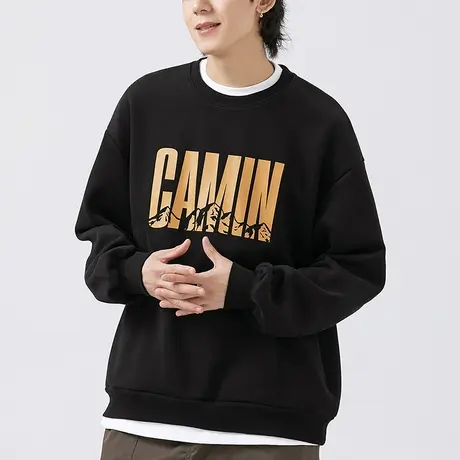 男士黑色重磅卫衣男圆领春秋2023年新款印花长袖衬衫休闲运动外套商品大图