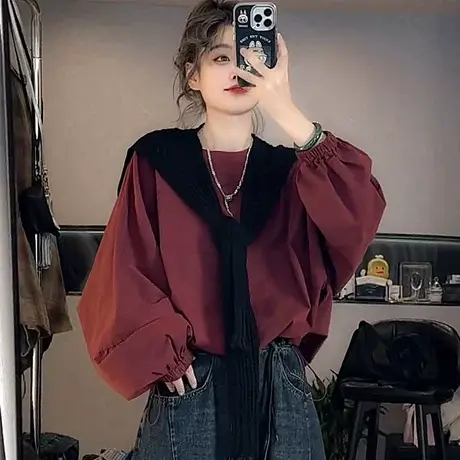 韩版休闲时尚长袖衬衫女春秋季新款宽松显瘦衬衣外套百搭抽绳上衣商品大图