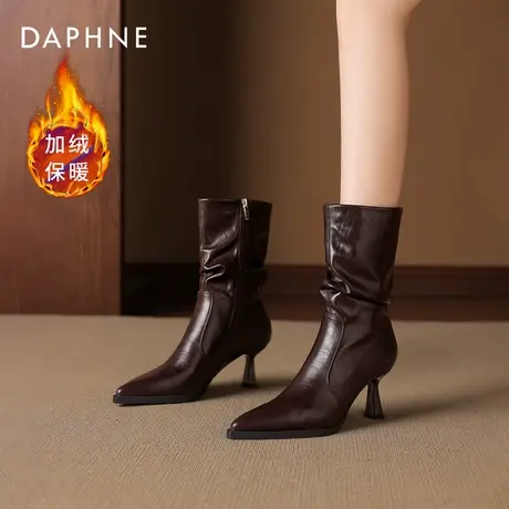 达芙妮尖头堆堆靴女中筒高跟短靴2025新款加绒保暖气质高级女靴子图片