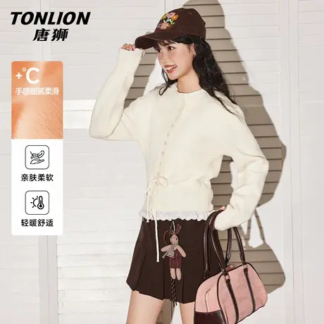 唐狮官方荷叶边针织衫外套女2026新款春季撞色毛衣开衫短款上衣VC图片