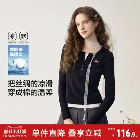 唐狮2026春季新款女撞色长袖T恤半开襟修身黑色假两件女士上衣图片