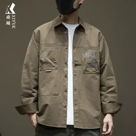 深咖色印花长袖衬衫男生40支精梳棉翻领衬衣外套初秋宽松大码男装商品大图